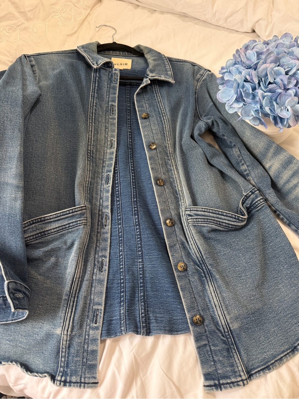 Denim Button-Front Coat Jacket - Light Blue